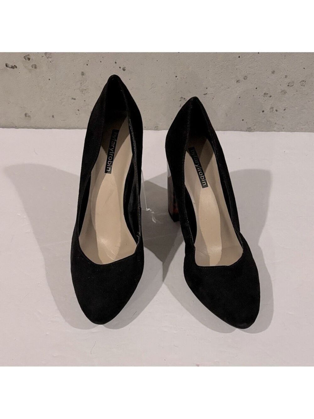 byfarylrobin Black Faux Suede Almond Toe Faux Tortise Heel Pump -Size 7.5